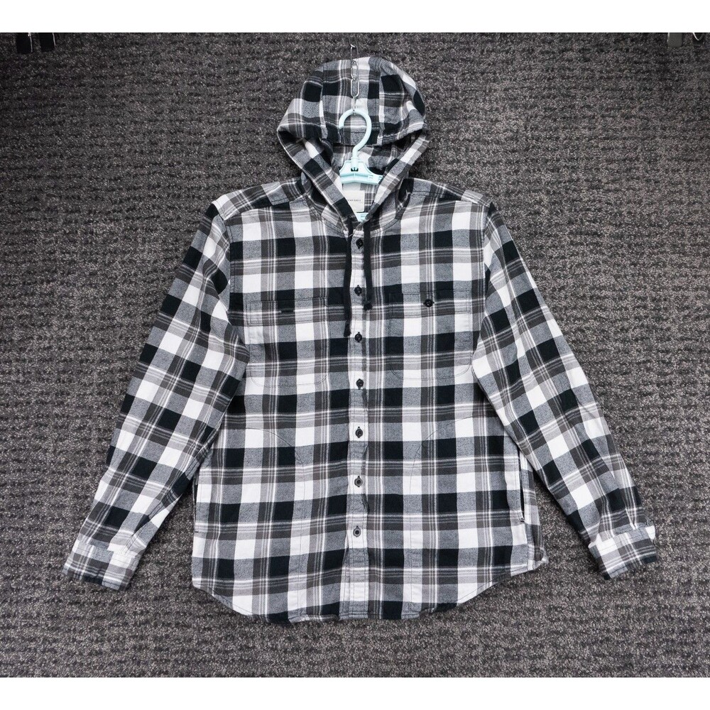 American Eagle Shirt Jacket Mens Large Black White Plaid Flannel Hooded Shacket